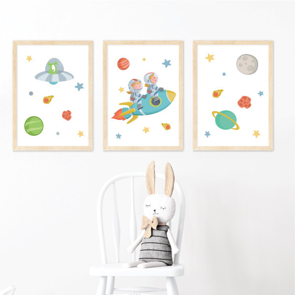 3 personalized prints. 2 girls with a rocket. Paintings for sisters