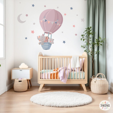 Vinilo infantil rosa Animales volando en globo – Decoración para bebé y niña, diseño tierno para habitación infantil