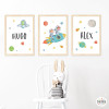 3 personalized prints. 2 kids with rocket. Children's wall art for siblings