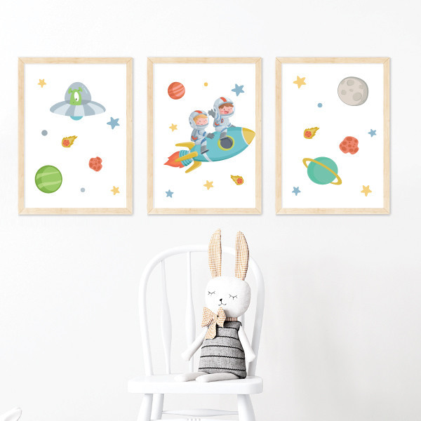 3 personalized prints. 2 kids with rocket. Children's wall art for siblings