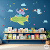Elephant flying airplane wall sticker with bird, clouds and stars for kids room StarStick