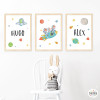 3 láminas infantiles personalizadas. 3 niños con cohete