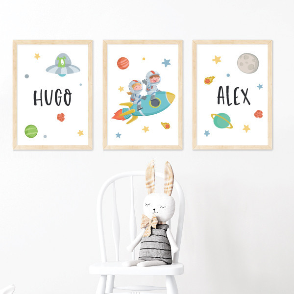 3 tableaux pour enfants personnalisables. 2 frères et sœurs avec fusée (garçon + fille)