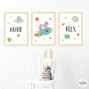 3 Cuadros infantiles personalizables. 2 hermanos con cohete (niño+niña)