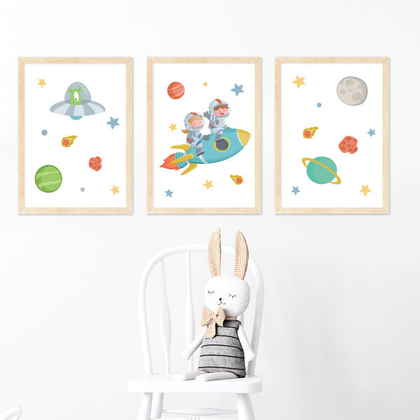 3 tableaux pour enfants personnalisables. 2 frères et sœurs avec fusée (garçon + fille)