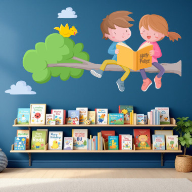 Mural decorativo infantil para escuelas y bibliotecas, vinilo educativo con niño y niña leyendo bajo el árbol.