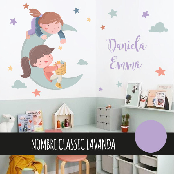 Two sisters on the moon. Decorative wall sticker for kids