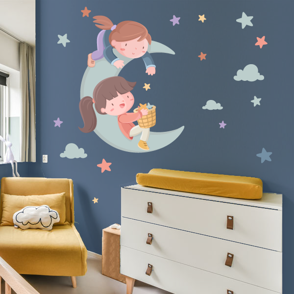 Two sisters on the moon. Decorative wall sticker for kids