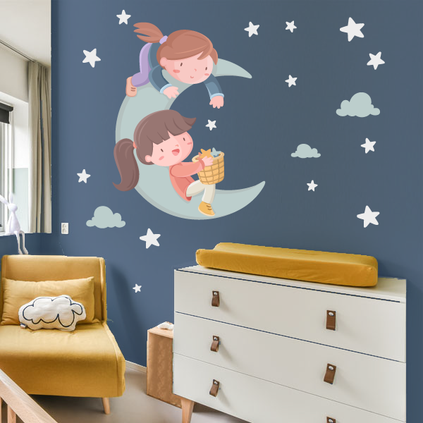 Two sisters on the moon. Decorative wall sticker for kids