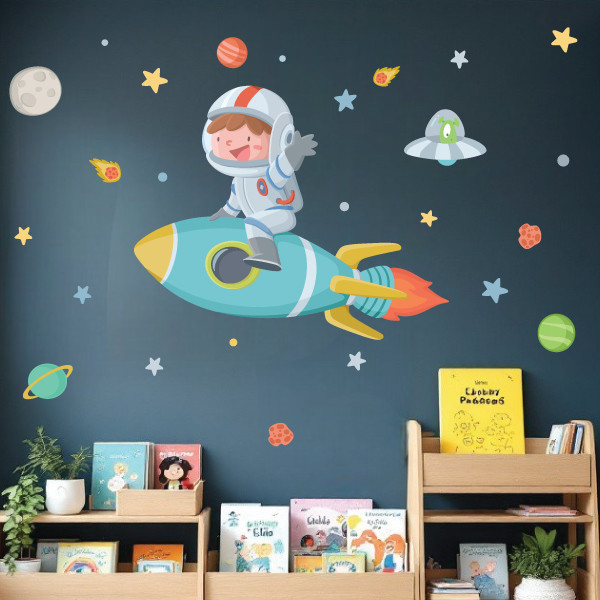 Vinilos infantiles con cohete y niño astronauta para habitación
