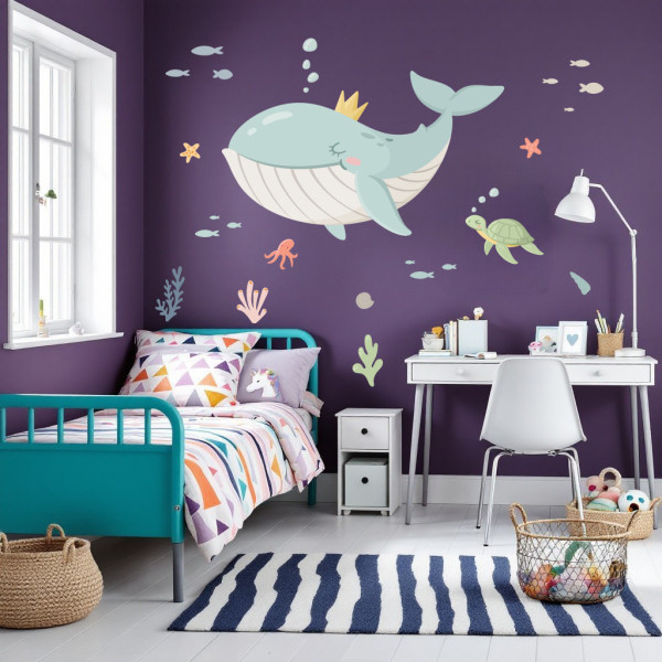 Vinilo de pared ballena reina para niños – Mural marino para bebés y niños pequeños con animales del océano