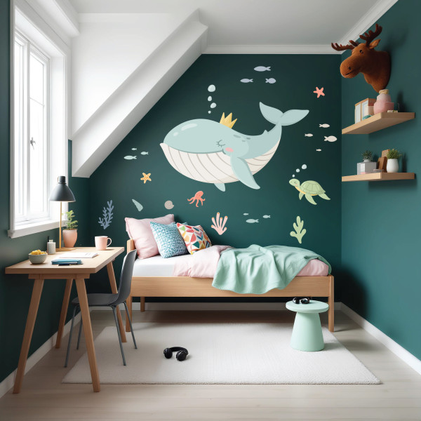 Pegatina infantil de ballena reina bajo el mar – Ideal para decorar habitaciones infantiles con estilo oceánico