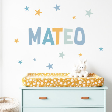 Personalized kids’ wall decal with name and soft‑colored stars.