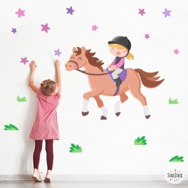 Sticker mural enfant - Cavalière - Cheval oseille
