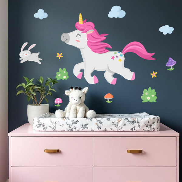 Vinilos niña unicornio paseando para decoración de habitación de niñas