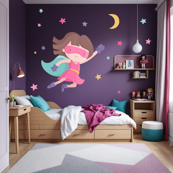 Superhero girl wall decal with stars and moon, girls bedroom wall decoration