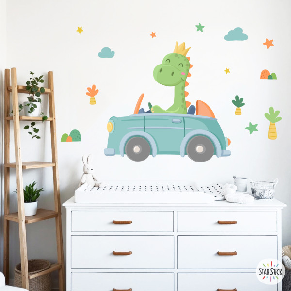 Vinilos bebé coche con dinosaurio para decorar habitaciones de bebé y niño