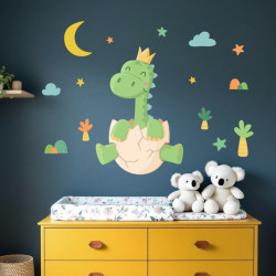 Vinilo infantil bebé dinosaurio con luna, palmeras, nubes y estrellas para decorar pared de habitación de bebé