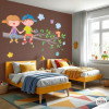 Vinilos originales - Niño y niña en la rama del árbol. Vinilo pared infantil – Diseño tierno de niños en rama con animales