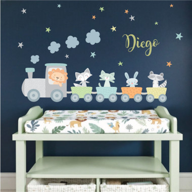 Vinilo infantil tren con animales, pegatina decorativa personalizada para habitación de bebé.
