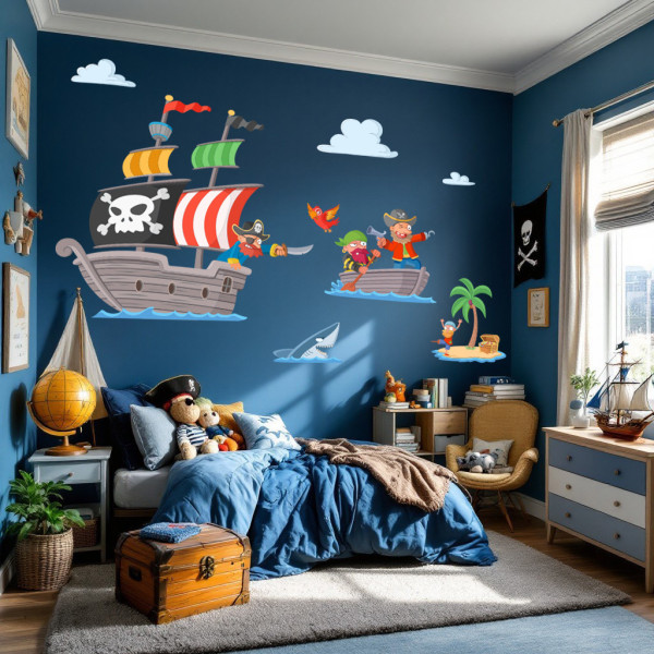 Vinilos infantiles Piratas del Tesoro con barco pirata, isla y tiburón decoración habitación niños