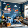 Vinilos infantiles Piratas del Tesoro con barco pirata, isla y tiburón decoración habitación niños