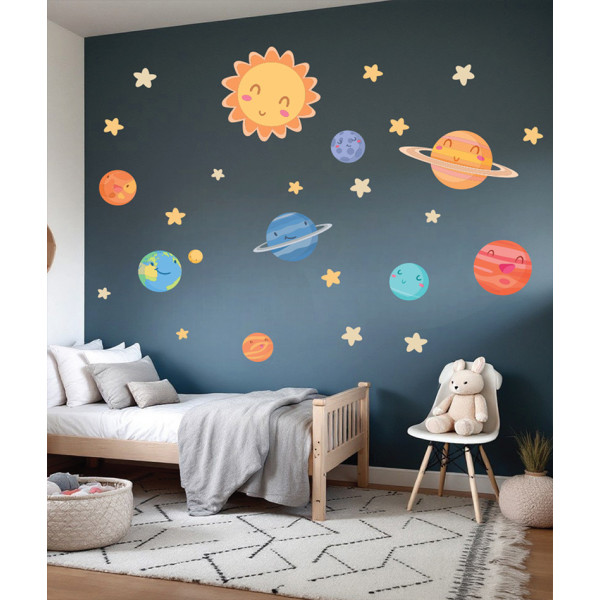Vinilo infantil planetas con sol y estrellas decoración pared habitación bebé y niños temática espacio