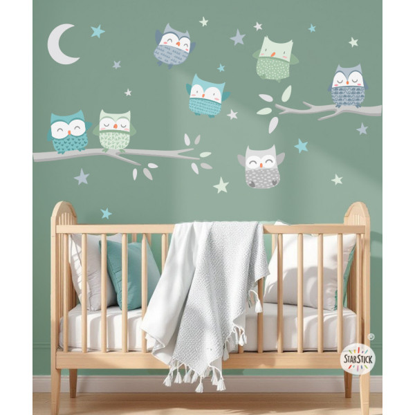 Sticker mural enfant hiboux pour chambre de bébé en tons doux