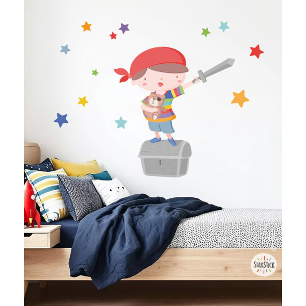 Vinil infantil súper nen pirata amb cofre del tresor i estrelles decoratives