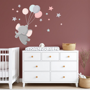 Vinilo infantil bebé elefante con globos, pegatina adhesiva decorativa de pared para habitación infantil o de bebé.