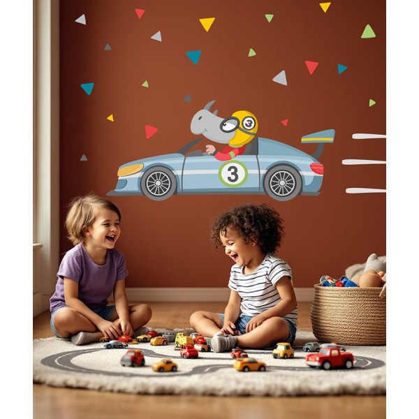 Kids wall decal race car with rhino and colorful triangles for children bedroom StarStick
