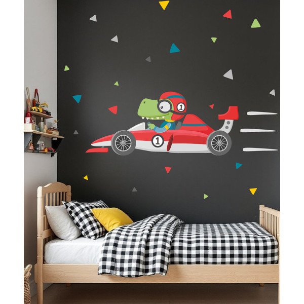 Vinil infantil cotxe de carreres amb cocodril i triangles decoratius per habitació infantil StarStick