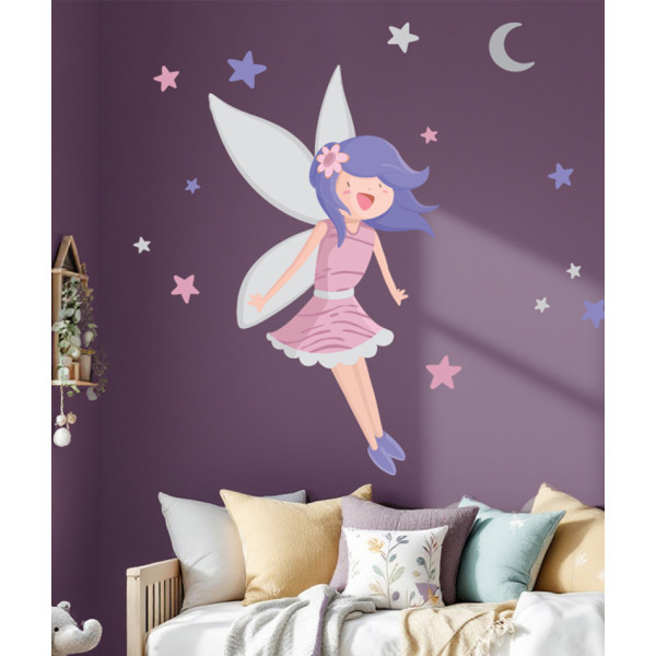 Magical fairy wall decal with stars and moon, girls bedroom wall decoration