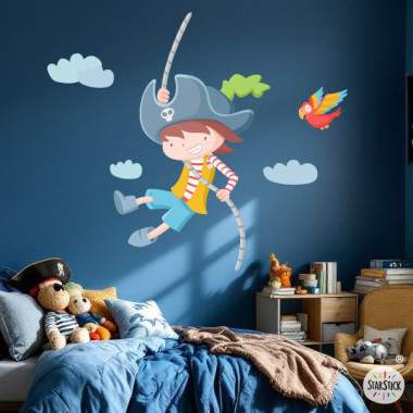 Vinilo infantil pirata niño con loro, pegatina adhesiva para decorar habitación infantil.
