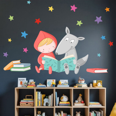 Mural decorativo escolar con Caperucita y lobo leyendo, vinilo educativo para pared de bibliotecas o aulas infantiles.