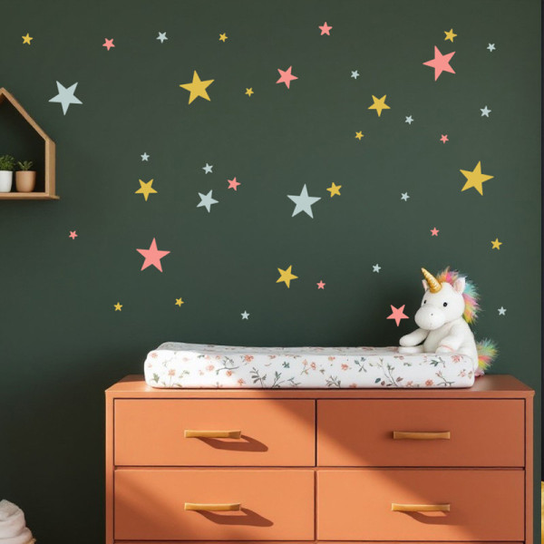 Vinilo infantil de estrellas decorativas - 85 estrellas en 3 colores personalizables