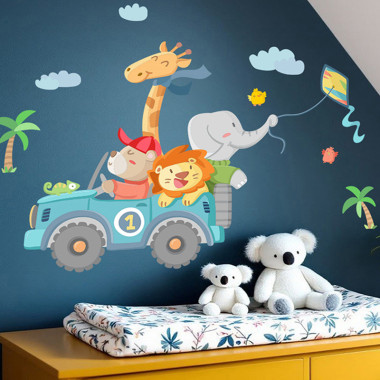 Vinilo decorativo infantil coche todoterreno con animales – Ideal para habitaciones y espacios infantiles