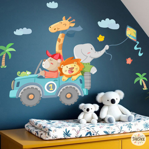 Vinilos infantiles coche todoterreno con animales – Vinilo decorativo de pared para habitación infan