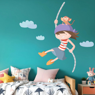 Vinilo infantil pirata niña con mono, pegatina adhesiva decorativa de pared para habitación infantil.