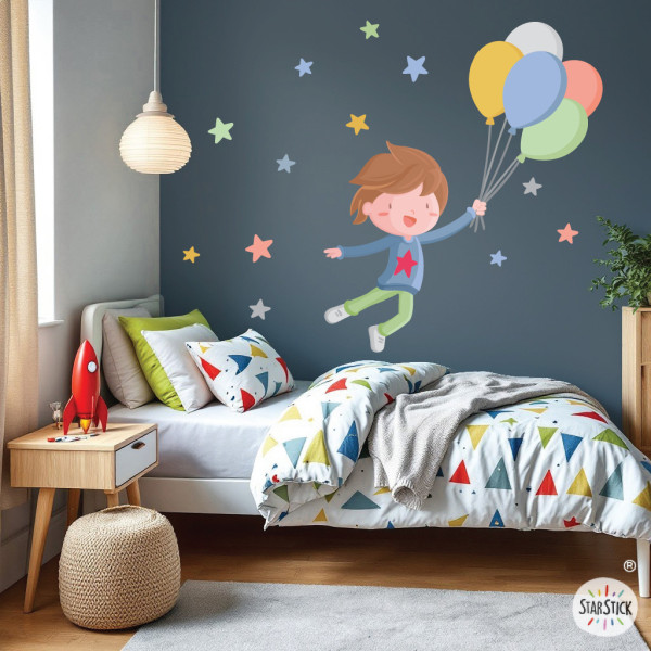 vinilos niño con globos estrellas decoración pared habitación infantil mural decorativo niños