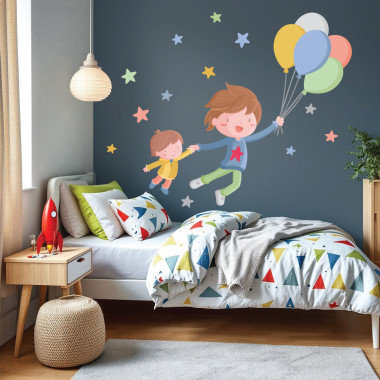 kids wall sticker brothers with balloons stars nursery wall decoration shared bedroom