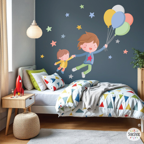 kids wall sticker brothers with balloons stars nursery wall decoration shared bedroom