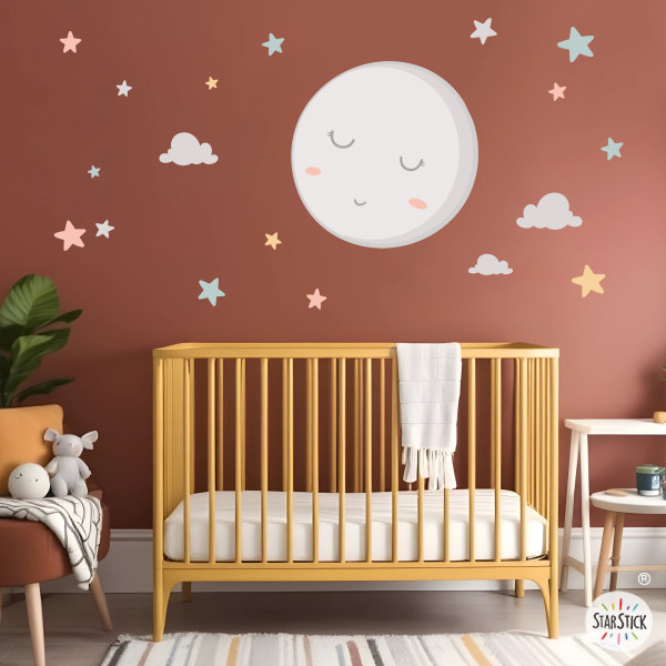 Baby full moon wall sticker with mandarin tone stars for nursery decoration