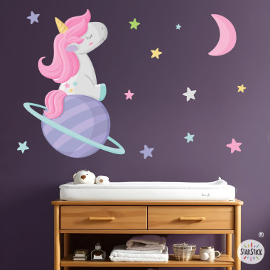 Vinilo Niña y Bebé Unicornio Soñador | Decoración Habitaciones Infantiles | Vinilos Pared Mágicos y Coloridos