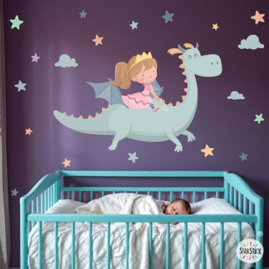 Vinilo infantil niña Pequeña princesa y dragón, pegatina adhesiva decorativa de pared para habitación infantil.