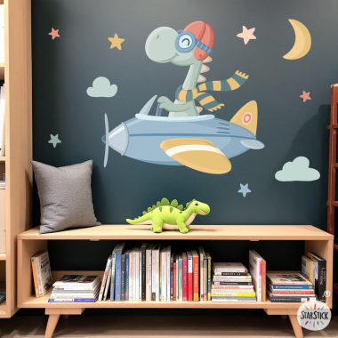 Habitaciones infantiles - Vinilo decorativo Avión con dinosaurio