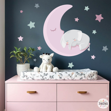 Vinilo infantil bebé elefante en la luna, pegatina adhesiva decorativa de pared para habitación de bebé o dormitorio infantil.