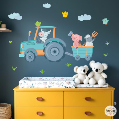 Kids tractor with farm animals wall decal, nursery and children’s bedroom wall decoration