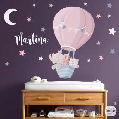 Vinilo infantil rosa Animales volando en globo – Decoración para bebé y niña, diseño tierno para habitación infantil