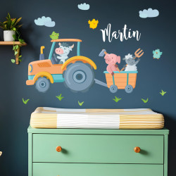 Vinilos bebé tractor con animales de la granja, decoración pared habitación niño y bebé